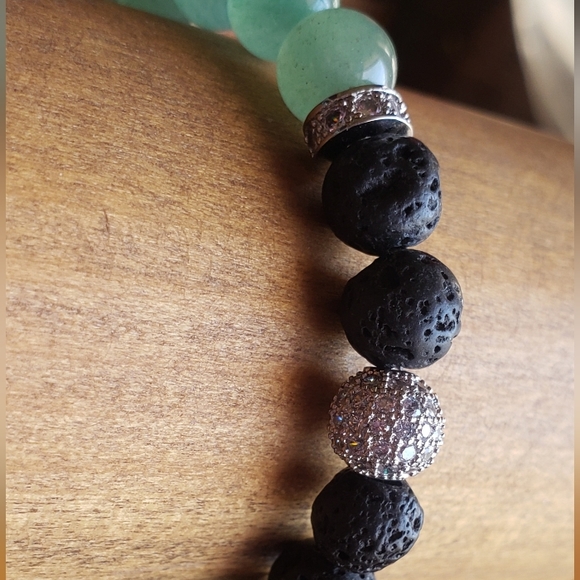 Green Aventurine  Gemstone & Lava Stone Handcrafted Braceket with Silver Accents - Picture 3 of 5